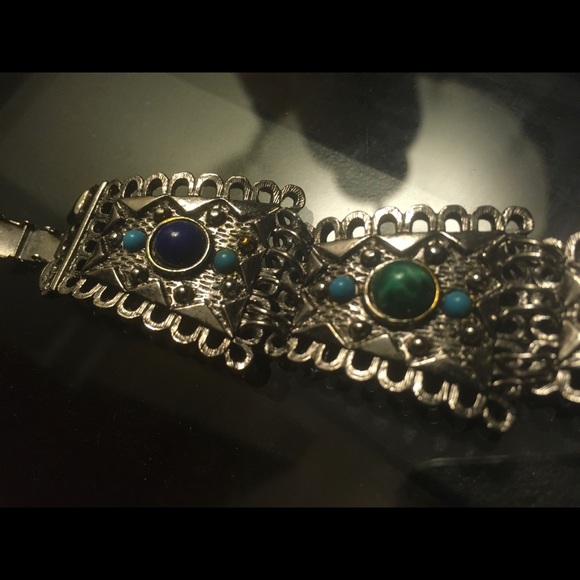 Silver colour metal bracelet with blue, green, and turquoise stones. - Picture 2 of 5